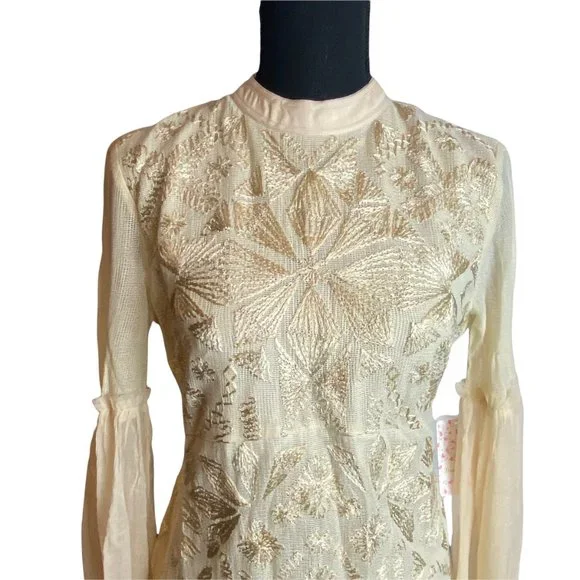 🌬️ Free People Womens Cleo Embroidered Cream Boho Mini Dress 🌾 - Picture 4 of 13
